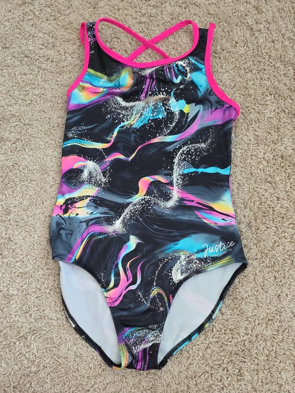 Justice Girls Neon Marble One-Piece with Pink Trim